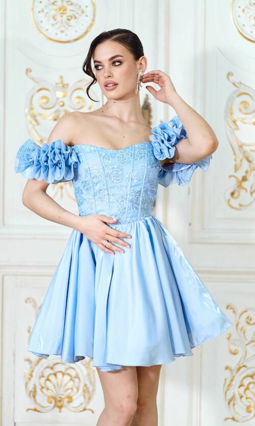 Корсетна міні сукня з вишивкою та відкритими плечима 26008 Блакитна
