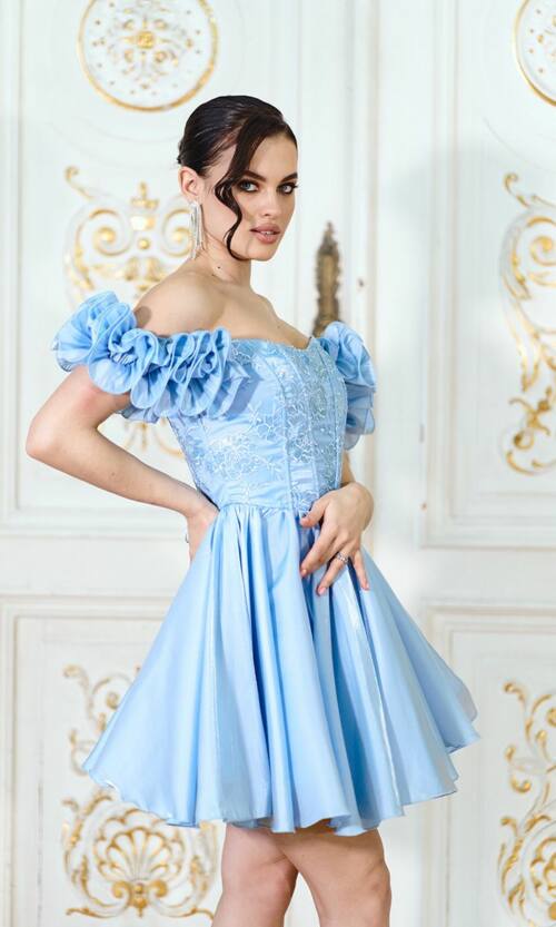 Корсетна міні сукня з вишивкою та відкритими плечима 26008 Блакитна