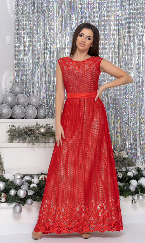 Вечірня Сукня Гіпюр Максі 7172 ЧервонаБеж