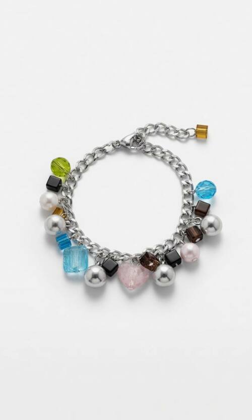 Жіночий браслет з шармами та підвісками у формі серця 26503 Сріблястий