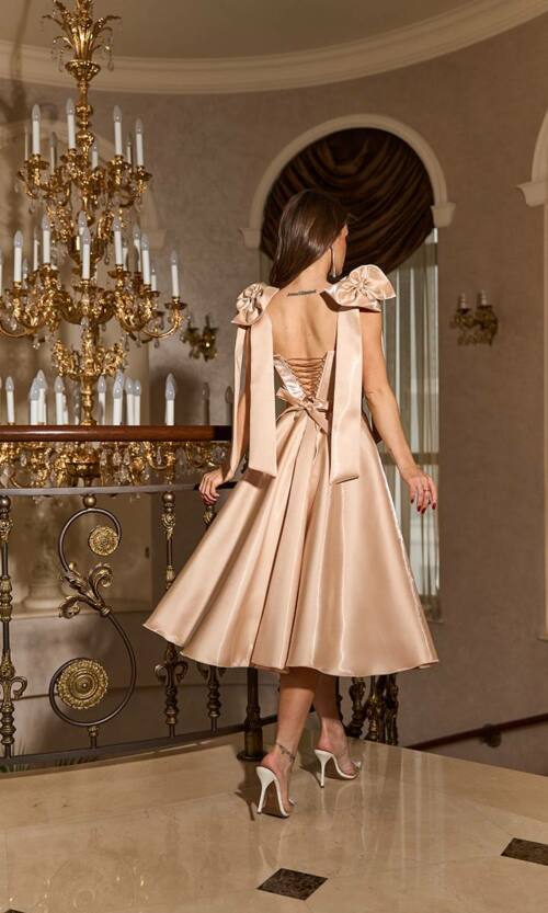 Корсетна сукня з бантами на плечах 26004 Бежева