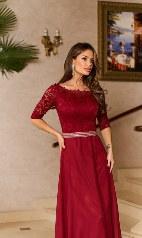 Вечірня Сукня Гіпюр Шифон 6011 Бордова