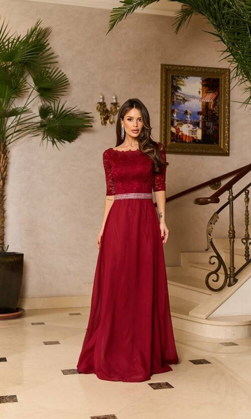 Вечірня Сукня Гіпюр Шифон 6011 Бордова