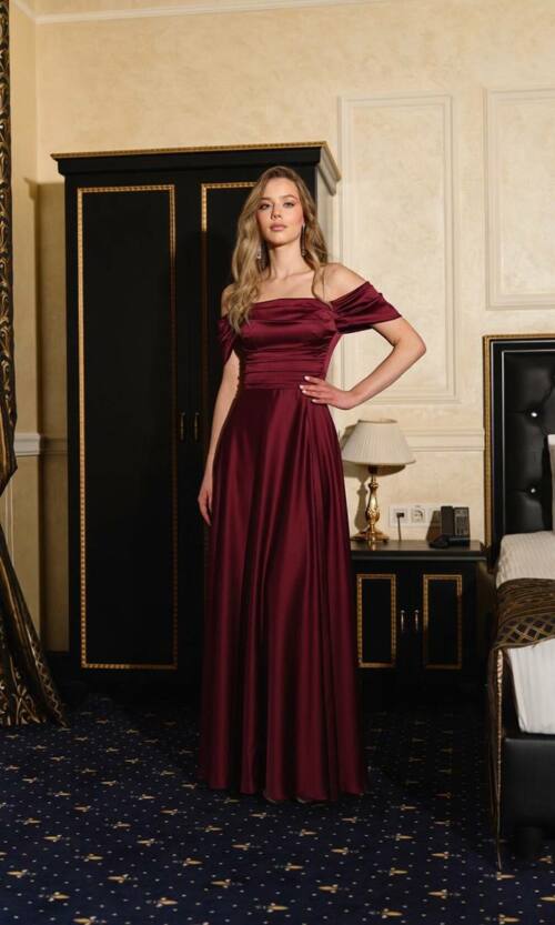 Вечірня сукня максі з драпірованим ліфом 26015 Бордова